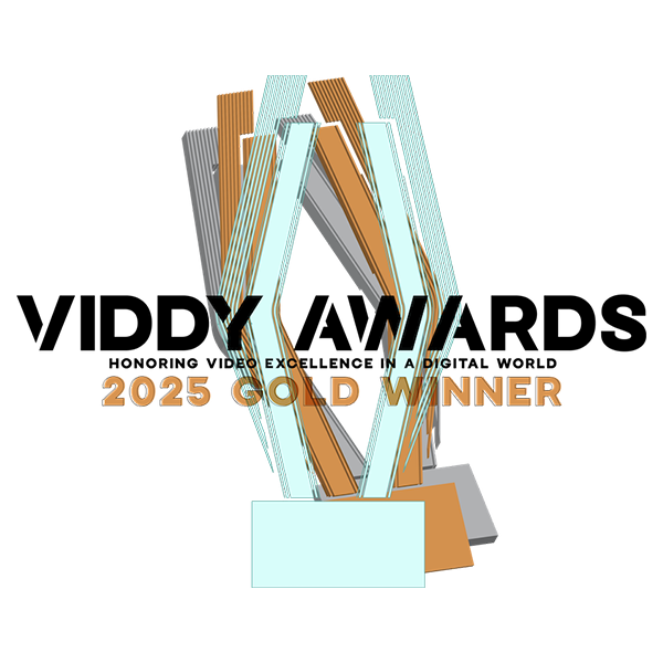 VIDDY Awards logo for 2025 Gold Winner with abstract design elements on a white background.