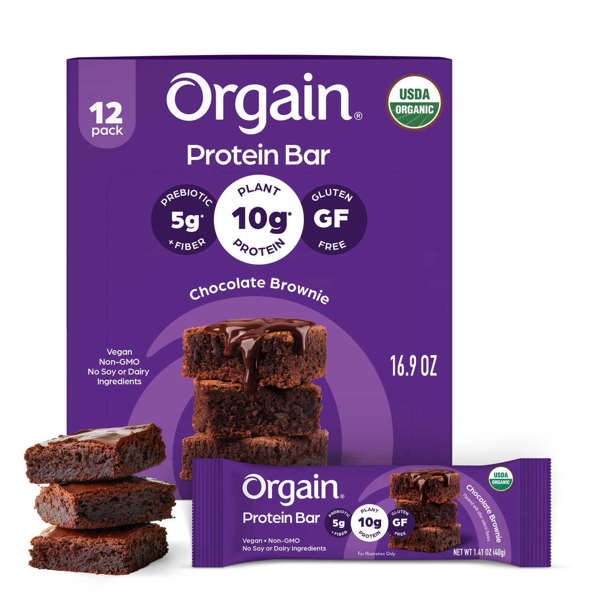 Single and case of Organic Protein Bar Chocolate Brownie Flavor in the 12 Bars Size 