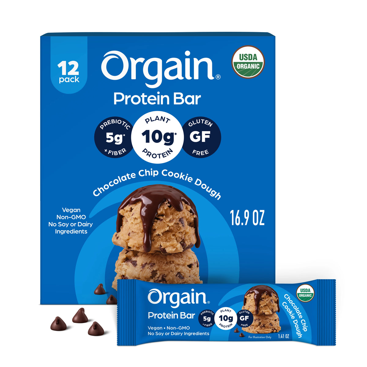 Single and case of Organic Protein Bar - Chocolate Chip Cookie Dough  Flavor in the 12 Bars Size