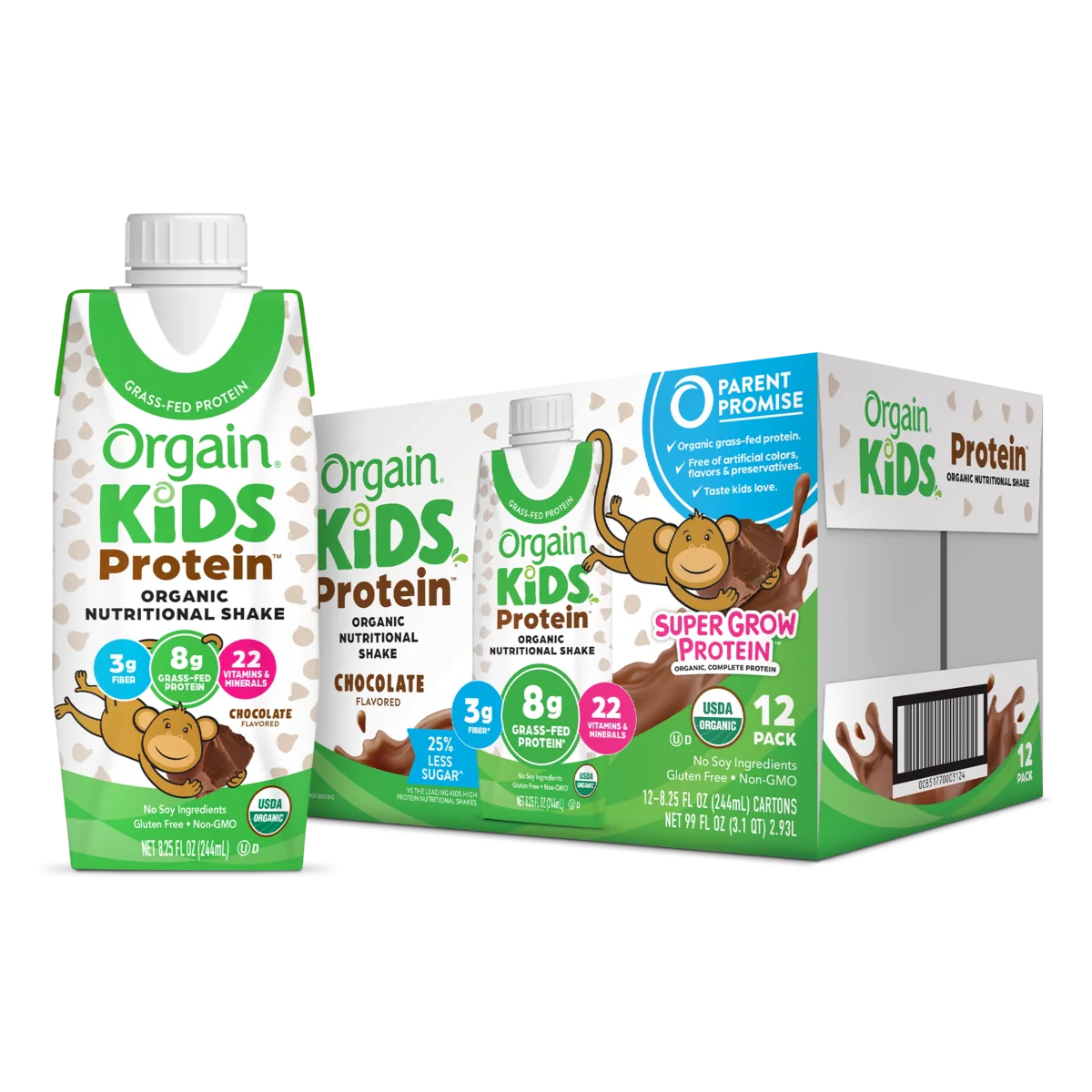 Orgain kids protein shake chocolate container and 12 pack packaging