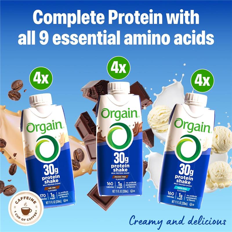 Orgain protein shake packaging with various flavors on a blue background